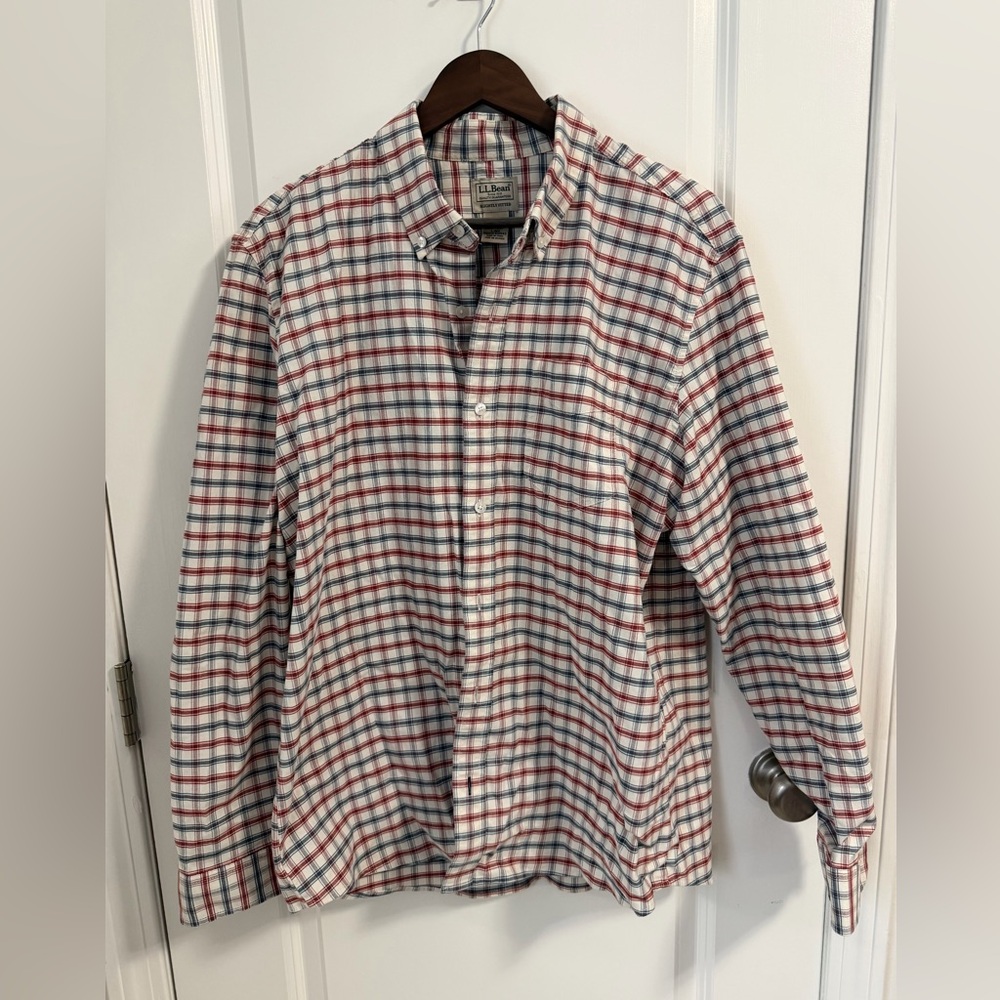 L.L. Bean White Plaid Button-Down Shirt with Red & Blue Checks